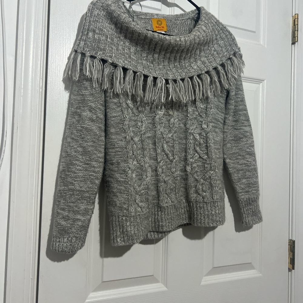 Heather Gray Cable Knit Fringe Sweater